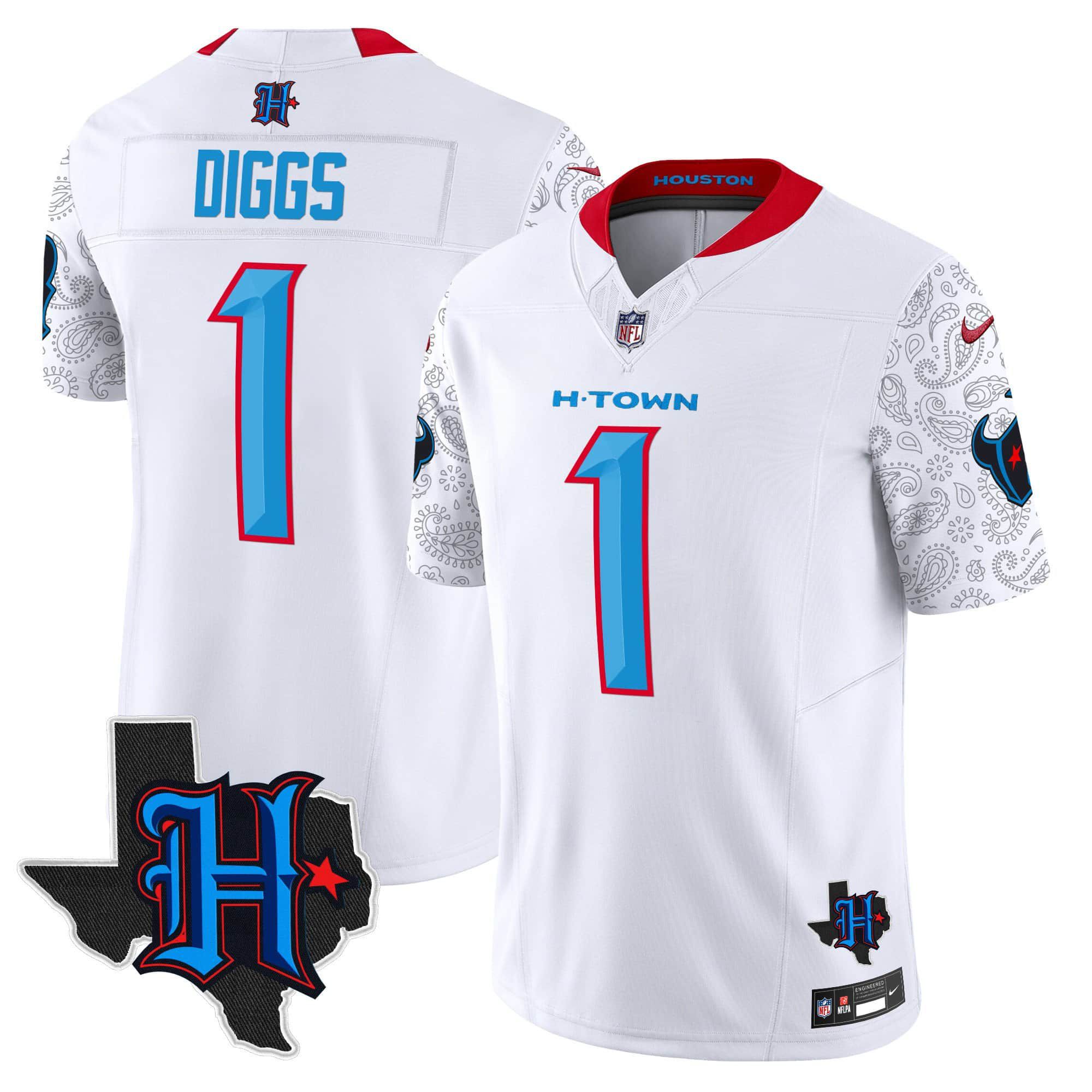 Men Houston Texans 1 Diggs White 2024 Nike Texas Patch Vapor Limited NFL Jersey